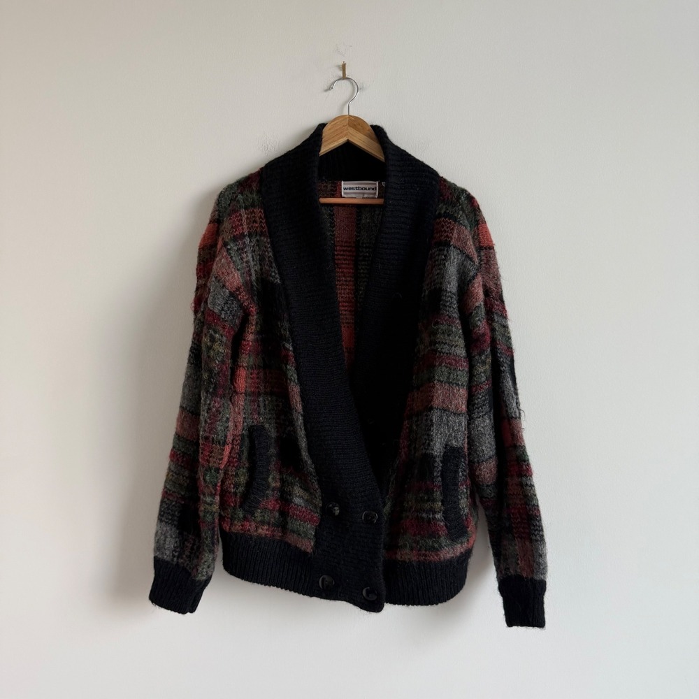 Vintage‎ Wool Mohair Plaid Button Front Cardigan Size Large